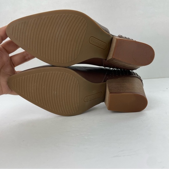 NWOT Soul Bound Brown D’Orsay Keelin Point Toe Block Heel Leather Studded Bootie - Picture 11 of 13